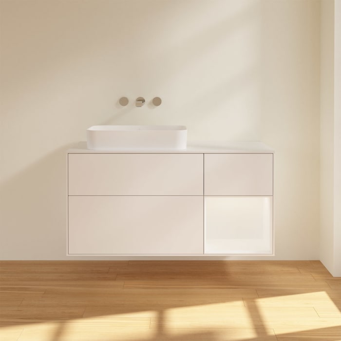 Villeroy & Boch Finion Waschtischunterschrank 120 cm mit Regalelement rechts und Abdeckplatte, mit Wandbeleuchtung