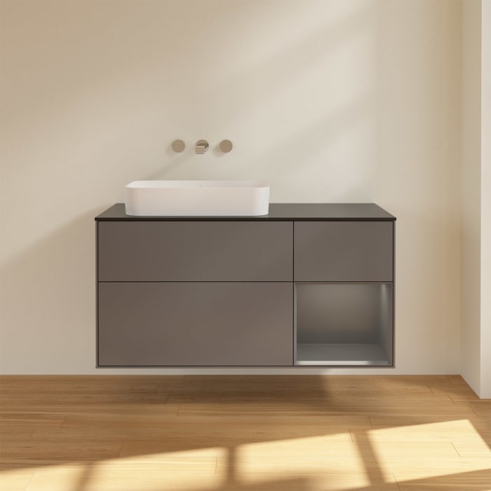 Villeroy & Boch Finion Waschtischunterschrank 120 cm mit Regalelement rechts und Abdeckplatte, mit Wandbeleuchtung