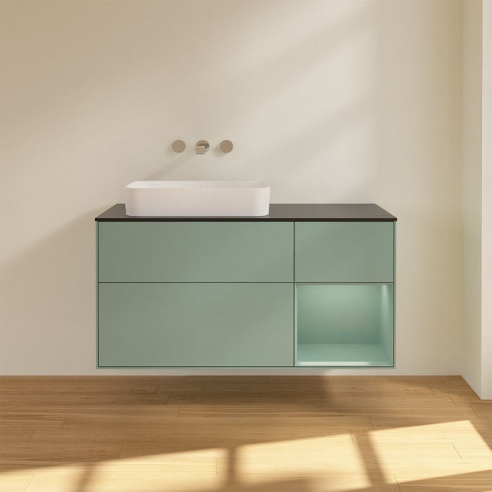 Villeroy & Boch Finion Waschtischunterschrank 120 cm mit Regalelement rechts und Abdeckplatte, mit Wandbeleuchtung