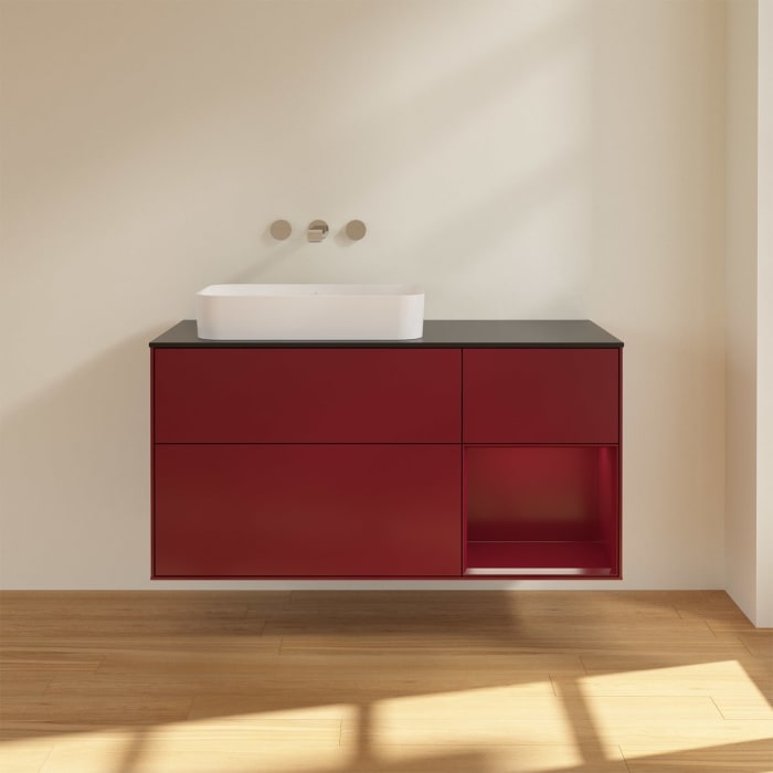 Villeroy & Boch Finion Waschtischunterschrank 120 cm mit Regalelement rechts und Abdeckplatte, mit Wandbeleuchtung