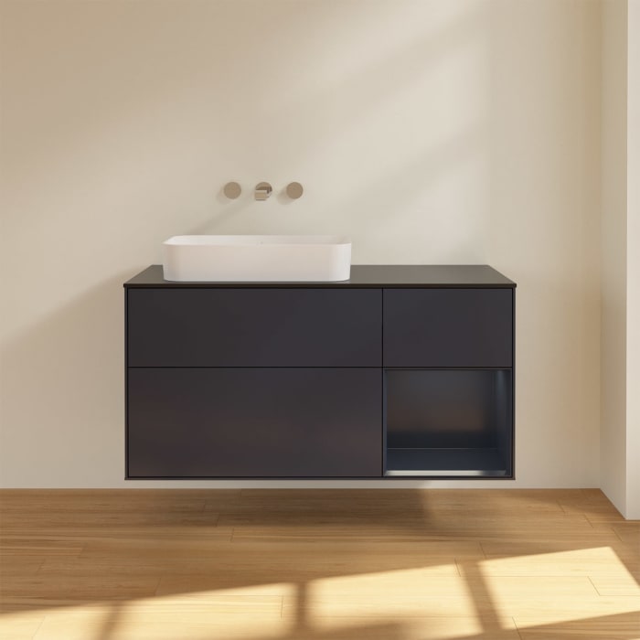 Villeroy & Boch Finion Waschtischunterschrank 120 cm mit Regalelement rechts und Abdeckplatte, mit Wandbeleuchtung