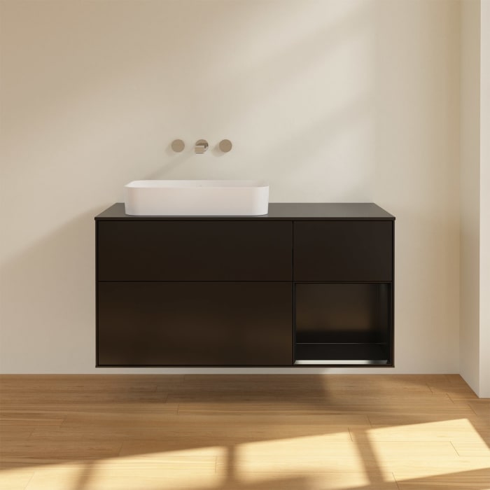 Villeroy & Boch Finion Waschtischunterschrank 120 cm mit Regalelement rechts und Abdeckplatte, mit Wandbeleuchtung