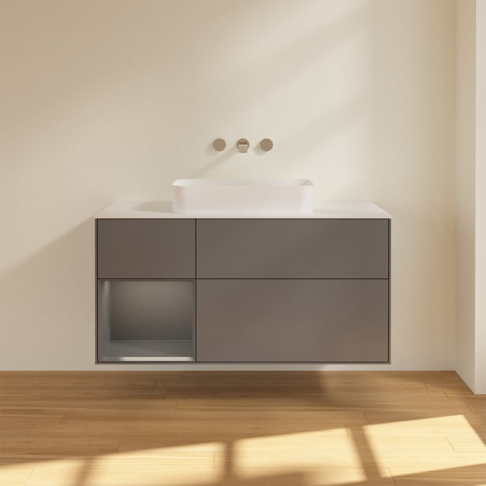 Villeroy & Boch Finion Waschtischunterschrank 120 cm mit Regalelement links und Abdeckplatte, mit Wandbeleuchtung