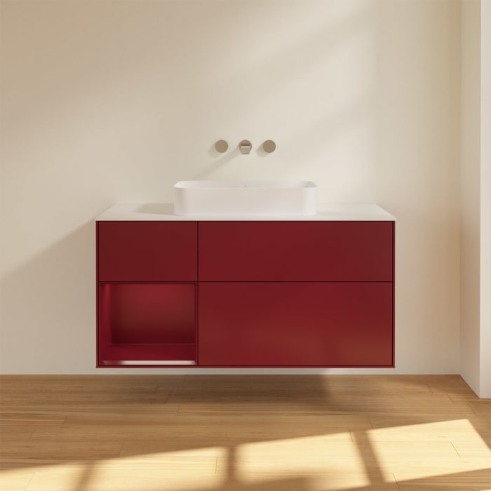 Villeroy & Boch Finion Waschtischunterschrank 120 cm mit Regalelement links und Abdeckplatte, mit Wandbeleuchtung