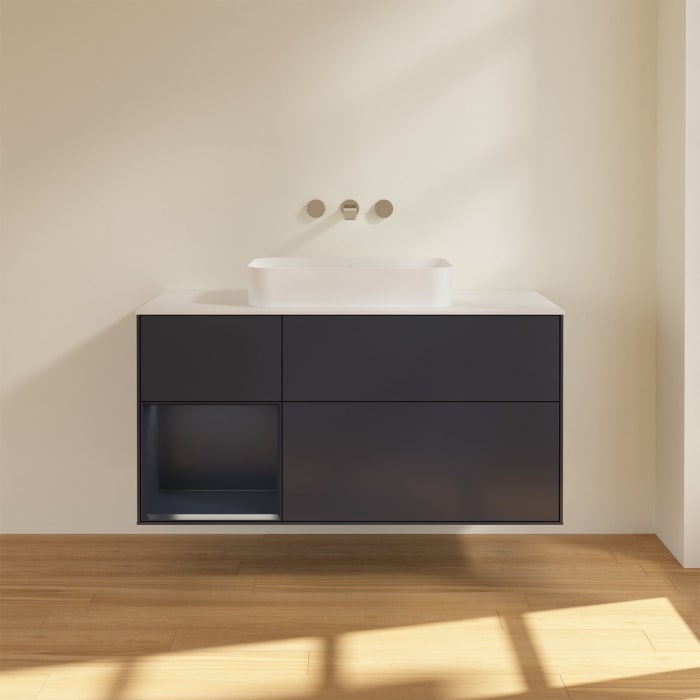 Villeroy & Boch Finion Waschtischunterschrank 120 cm mit Regalelement links und Abdeckplatte, mit Wandbeleuchtung