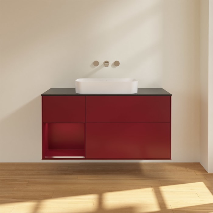 Villeroy & Boch Finion Waschtischunterschrank 120 cm mit Regalelement links und Abdeckplatte, mit Wandbeleuchtung