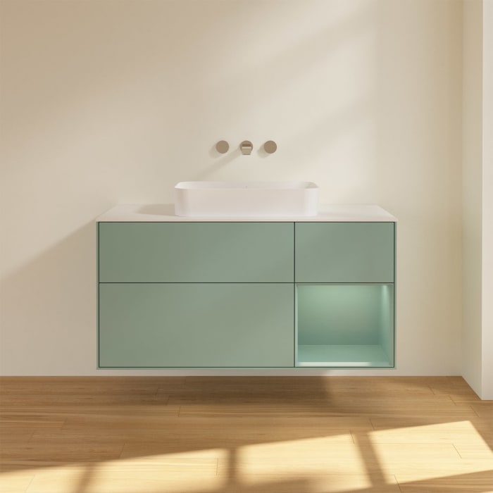 Villeroy & Boch Finion Waschtischunterschrank 120 cm mit Regalelement rechts und Abdeckplatte, mit Wandbeleuchtung