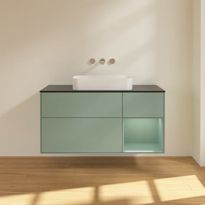 Villeroy & Boch Finion Waschtischunterschrank 120 cm mit Regalelement rechts und Abdeckplatte, mit Wandbeleuchtung