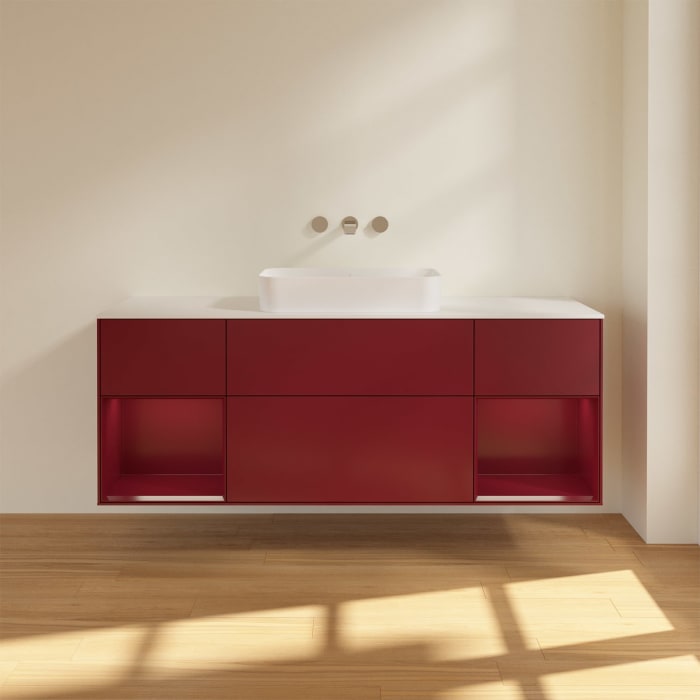 Villeroy & Boch Finion Waschtischunterschrank 160 cm mit Regalelement links und rechts und Abdeckplatte, mit Wandbeleuchtung