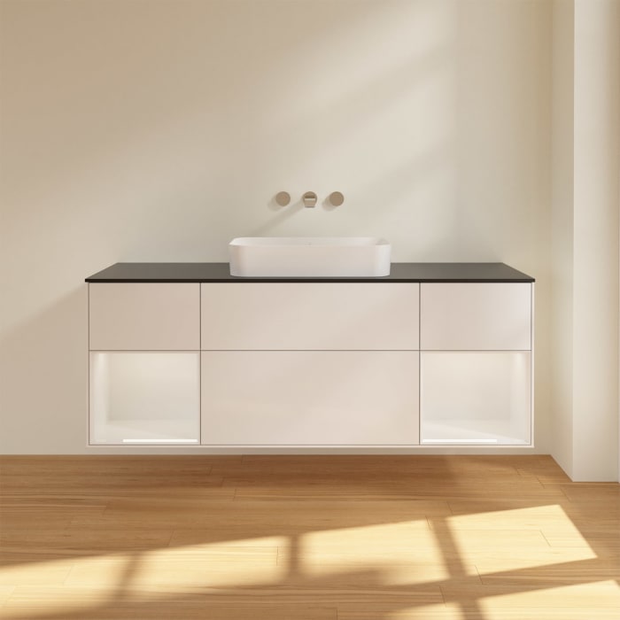 Villeroy & Boch Finion Waschtischunterschrank 160 cm mit Regalelement links und rechts und Abdeckplatte, mit Wandbeleuchtung
