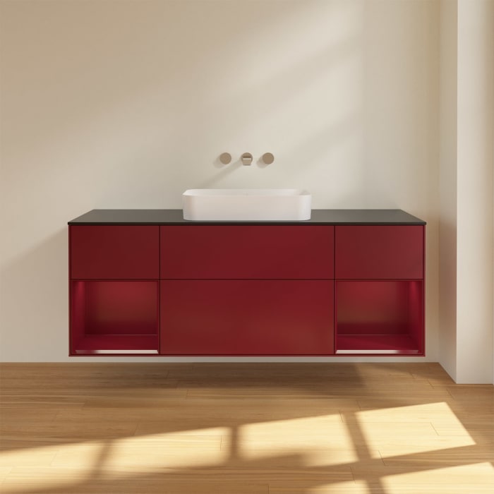 Villeroy & Boch Finion Waschtischunterschrank 160 cm mit Regalelement links und rechts und Abdeckplatte, mit Wandbeleuchtung