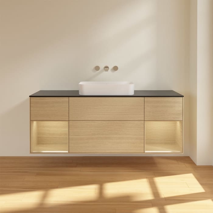 Villeroy & Boch Finion Waschtischunterschrank 160 cm mit Regalelement links und rechts und Abdeckplatte, mit Wandbeleuchtung