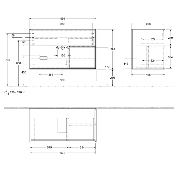 Villeroy & Boch Finion Waschtischunterschrank 99,6 cm mit Regalelement rechts, 2 Auszügen