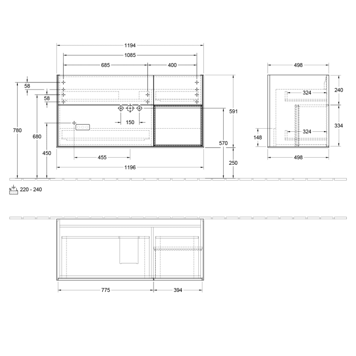 Villeroy & Boch Finion Waschtischunterschrank 119,6 cm mit Regalelement rechts, 3 Auszügen
