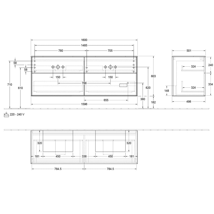 Villeroy & Boch Finion Waschtischunterschrank 160 cm mit Abdeckplatte und LED Wandbeleuchtung, für 2 Aufsatzwaschtische