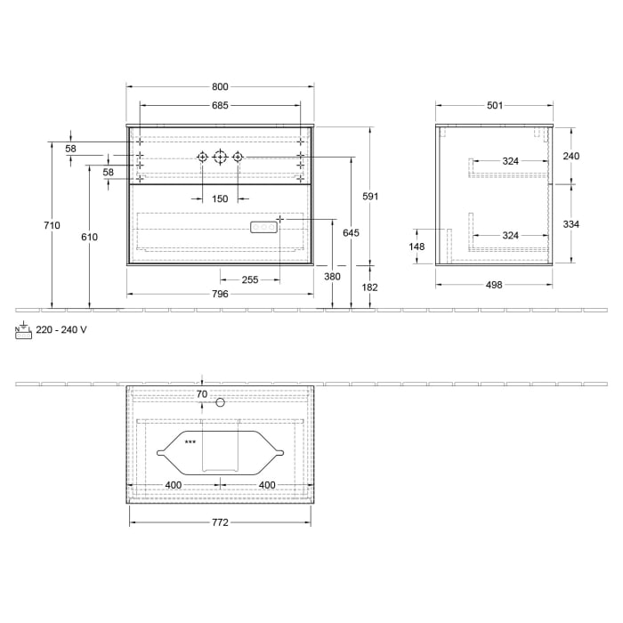 Villeroy & Boch Finion Waschtischunterschrank 80 cm mit Abdeckplatte und LED Wandbeleuchtung