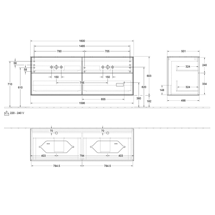 Villeroy & Boch Finion Waschtischunterschrank 160 cm mit Abdeckplatte und LED Wandbeleuchtung, für 2 Aufsatzwaschtische