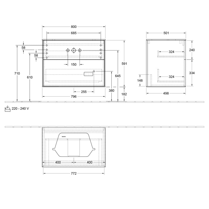 Villeroy & Boch Finion Waschtischunterschrank 80 cm mit Abdeckplatte und LED Wandbeleuchtung