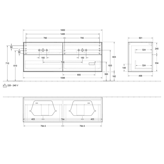 Villeroy & Boch Finion Waschtischunterschrank 160 cm mit Abdeckplatte und LED Wandbeleuchtung, für 2 Aufsatzwaschtische