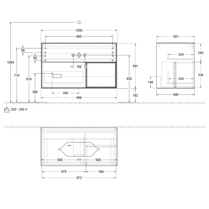 Villeroy & Boch Finion Waschtischunterschrank 100 cm mit Regalelement rechts und Abdeckplatte