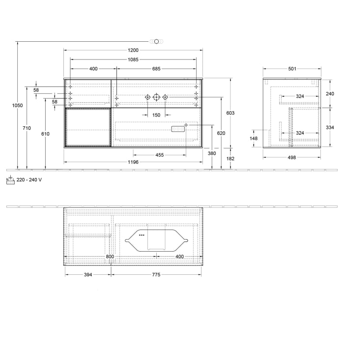 Villeroy & Boch Finion Waschtischunterschrank 120 cm mit Regalelement links und Abdeckplatte