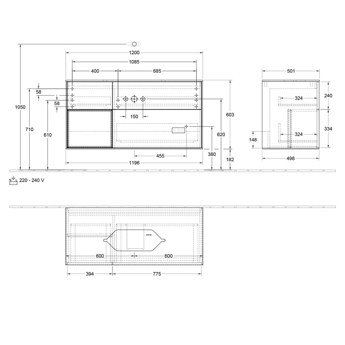 Villeroy & Boch Finion Waschtischunterschrank 120 cm mit Regalelement links und Abdeckplatte