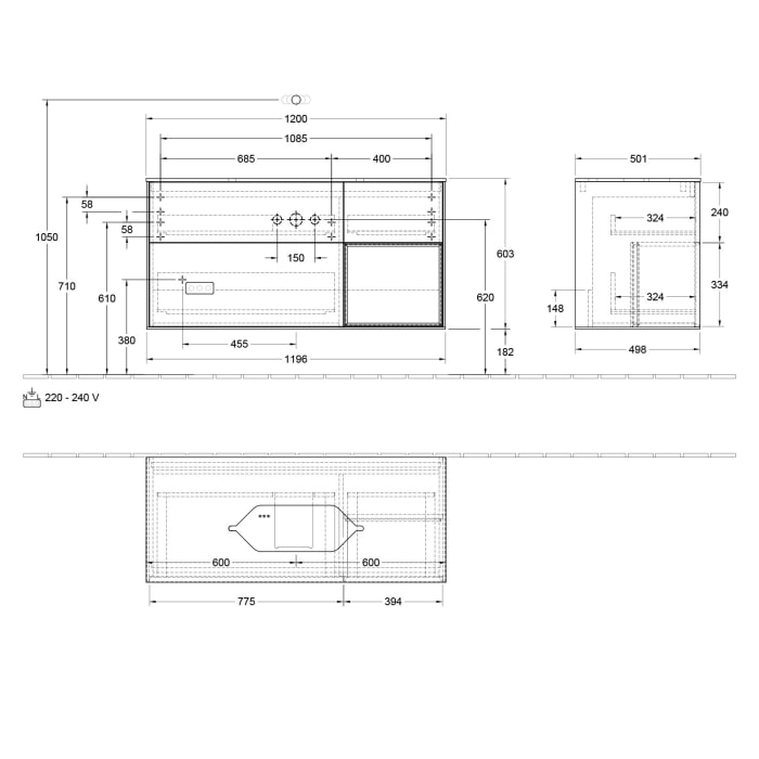 Villeroy & Boch Finion Waschtischunterschrank 120 cm mit Regalelement rechts und Abdeckplatte
