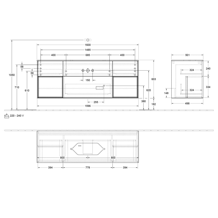 Villeroy & Boch Finion Waschtischunterschrank 160 cm mit Regalelement links und rechts und Abdeckplatte