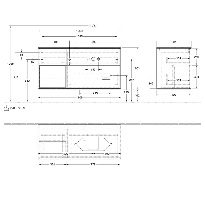 Villeroy & Boch Finion Waschtischunterschrank 120 cm mit Regalelement links und Abdeckplatte, mit Wandbeleuchtung