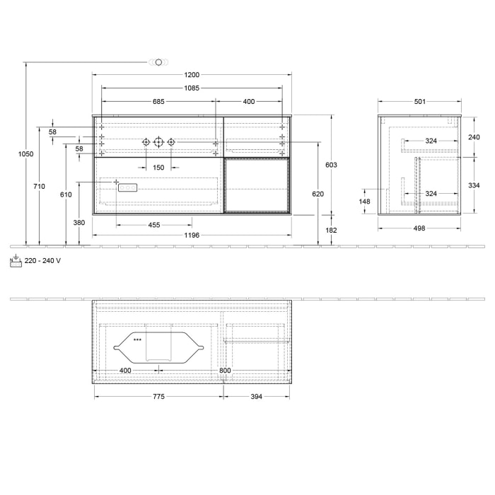 Villeroy & Boch Finion Waschtischunterschrank 120 cm mit Regalelement rechts und Abdeckplatte, mit Wandbeleuchtung
