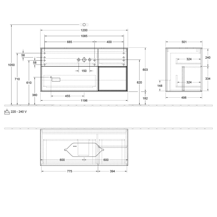 Villeroy & Boch Finion Waschtischunterschrank 120 cm mit Regalelement rechts und Abdeckplatte, mit Wandbeleuchtung