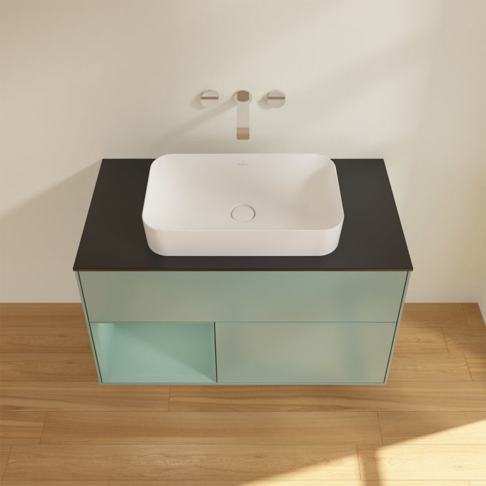 Villeroy & Boch Finion Waschtischunterschrank 100 cm mit Regalelement links und Abdeckplatte, mit Wandbeleuchtung