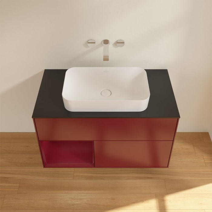 Villeroy & Boch Finion Waschtischunterschrank 100 cm mit Regalelement links und Abdeckplatte, mit Wandbeleuchtung