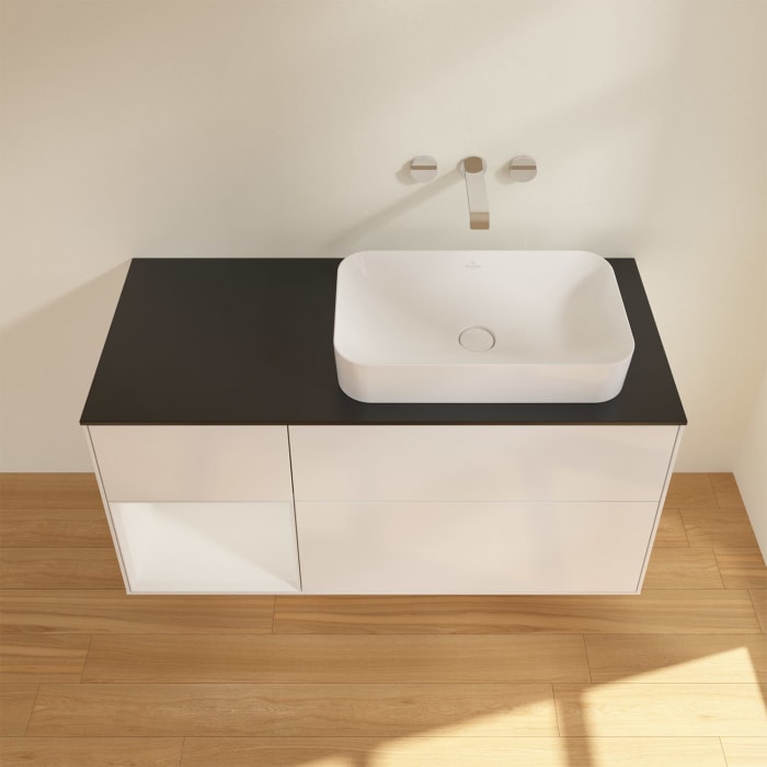 Villeroy & Boch Finion Waschtischunterschrank 120 cm mit Regalelement links und Abdeckplatte, mit Wandbeleuchtung