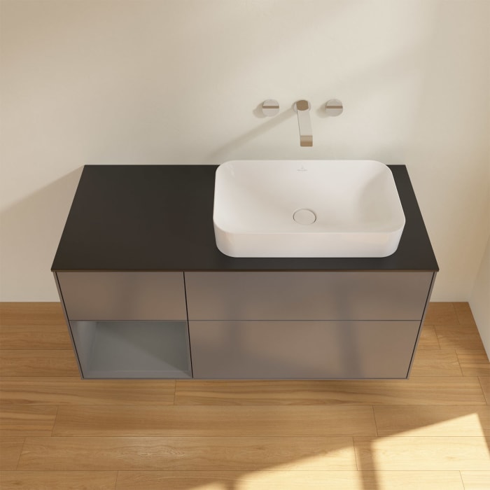 Villeroy & Boch Finion Waschtischunterschrank 120 cm mit Regalelement links und Abdeckplatte, mit Wandbeleuchtung