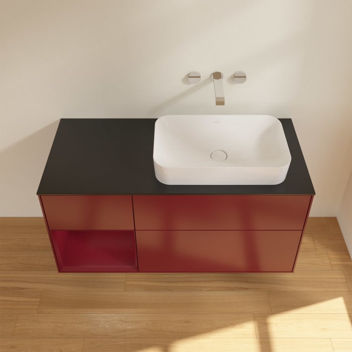 Villeroy & Boch Finion Waschtischunterschrank 120 cm mit Regalelement links und Abdeckplatte, mit Wandbeleuchtung