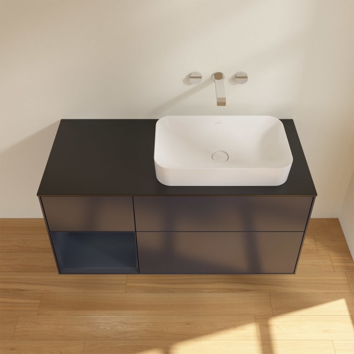 Villeroy & Boch Finion Waschtischunterschrank 120 cm mit Regalelement links und Abdeckplatte, mit Wandbeleuchtung