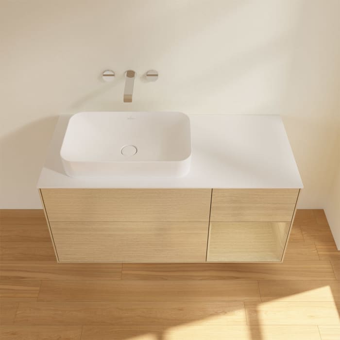 Villeroy & Boch Finion Waschtischunterschrank 120 cm mit Regalelement rechts und Abdeckplatte, mit Wandbeleuchtung