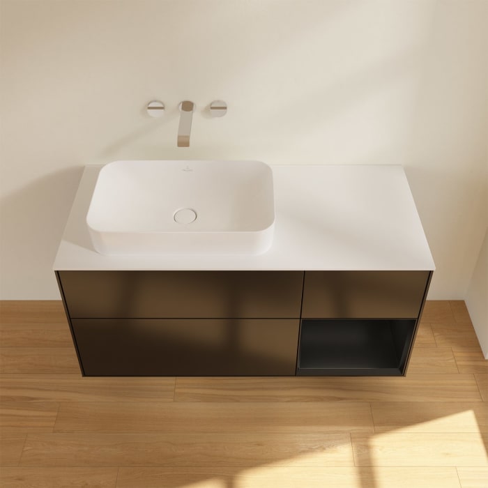 Villeroy & Boch Finion Waschtischunterschrank 120 cm mit Regalelement rechts und Abdeckplatte, mit Wandbeleuchtung