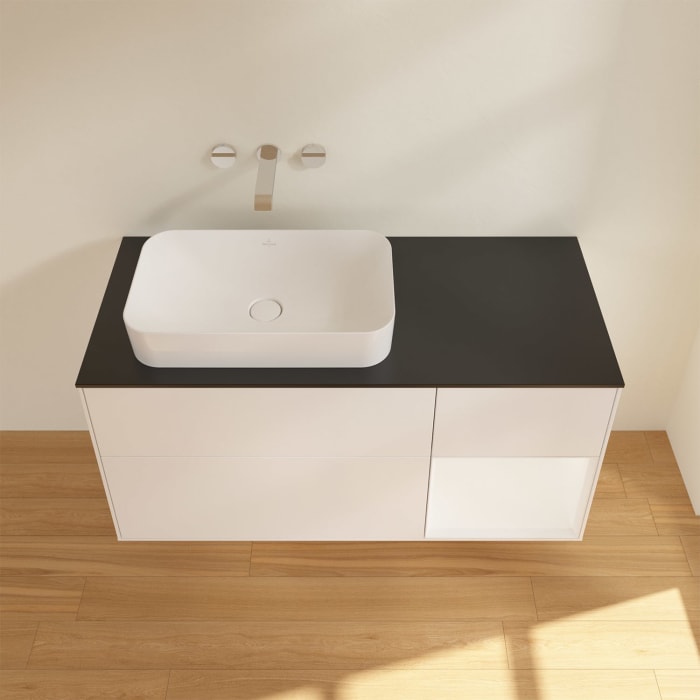 Villeroy & Boch Finion Waschtischunterschrank 120 cm mit Regalelement rechts und Abdeckplatte, mit Wandbeleuchtung