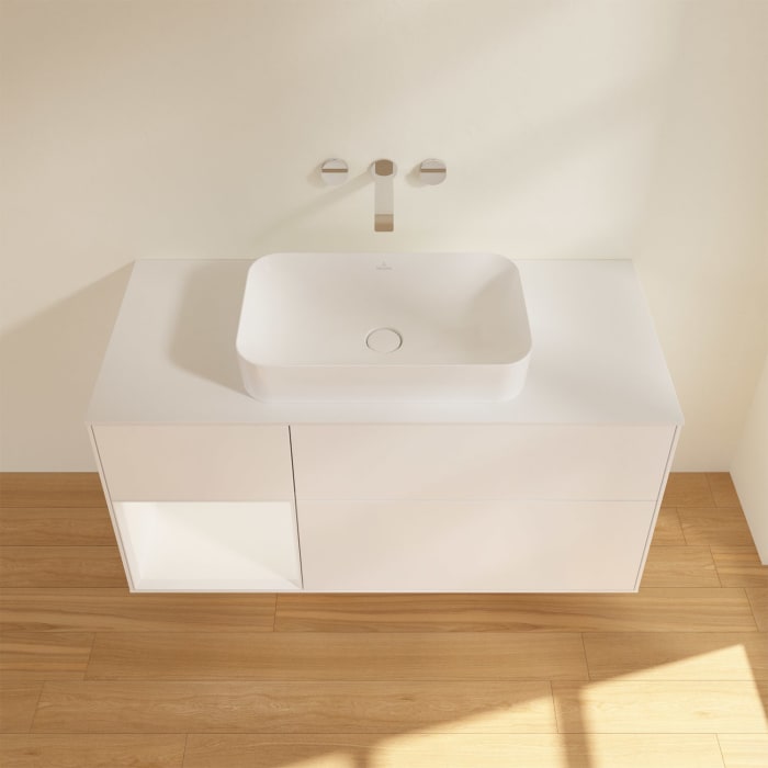 Villeroy & Boch Finion Waschtischunterschrank 120 cm mit Regalelement links und Abdeckplatte, mit Wandbeleuchtung