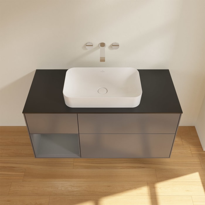 Villeroy & Boch Finion Waschtischunterschrank 120 cm mit Regalelement links und Abdeckplatte, mit Wandbeleuchtung