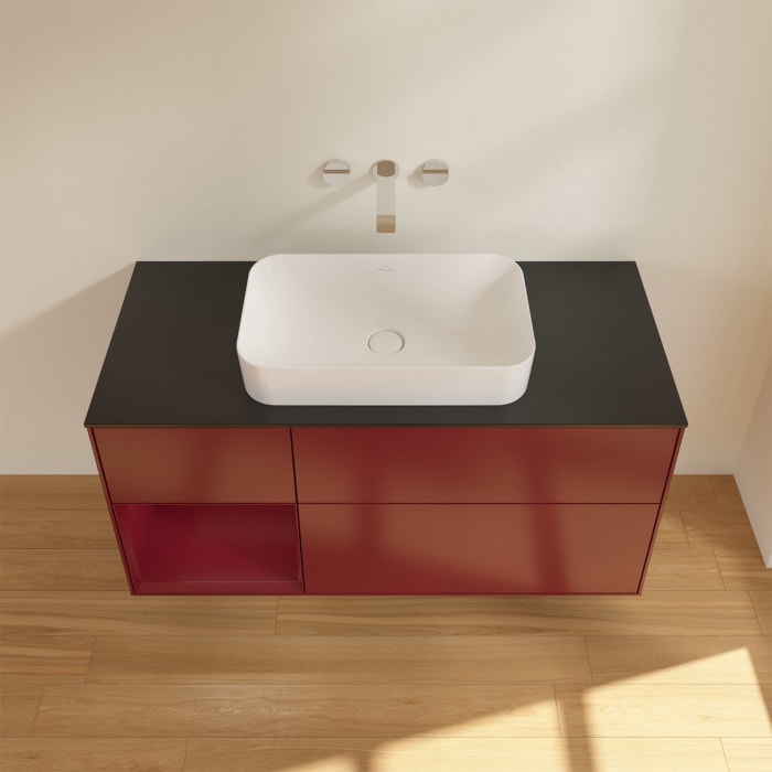 Villeroy & Boch Finion Waschtischunterschrank 120 cm mit Regalelement links und Abdeckplatte, mit Wandbeleuchtung