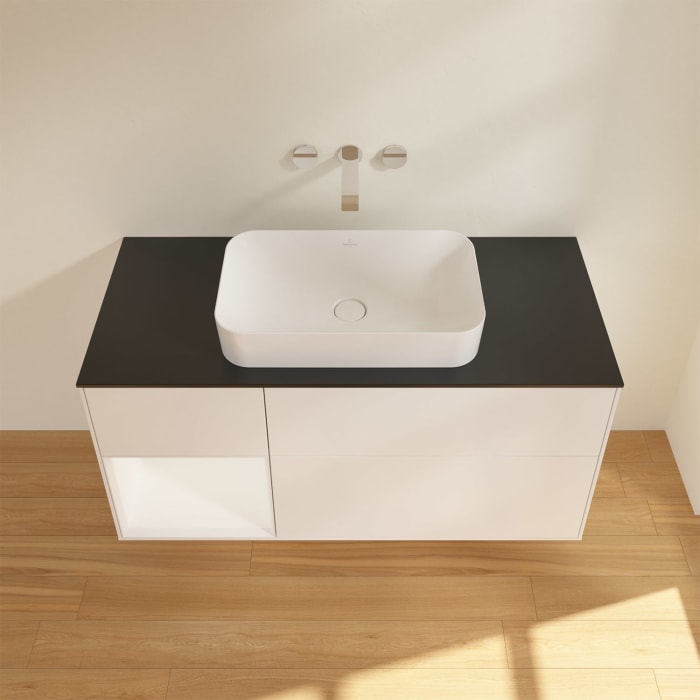 Villeroy & Boch Finion Waschtischunterschrank 120 cm mit Regalelement links und Abdeckplatte, mit Wandbeleuchtung