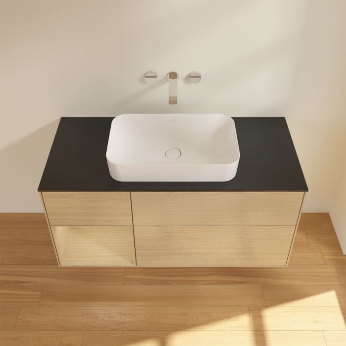 Villeroy & Boch Finion Waschtischunterschrank 120 cm mit Regalelement links und Abdeckplatte, mit Wandbeleuchtung