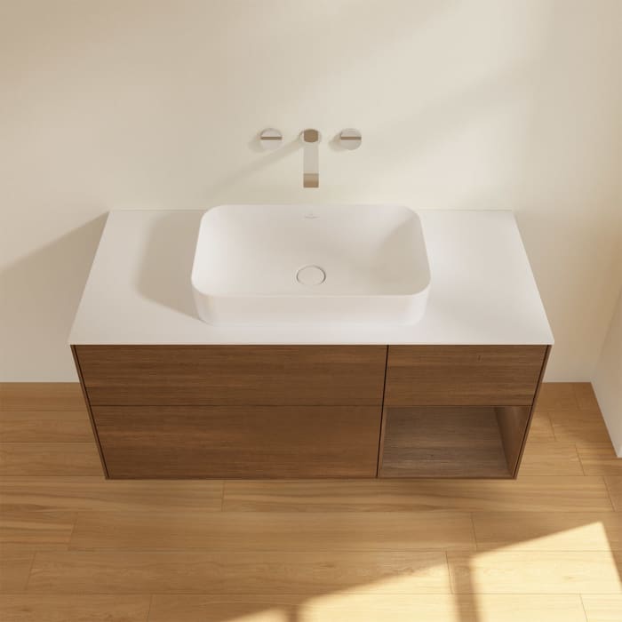 Villeroy & Boch Finion Waschtischunterschrank 120 cm mit Regalelement rechts und Abdeckplatte, mit Wandbeleuchtung