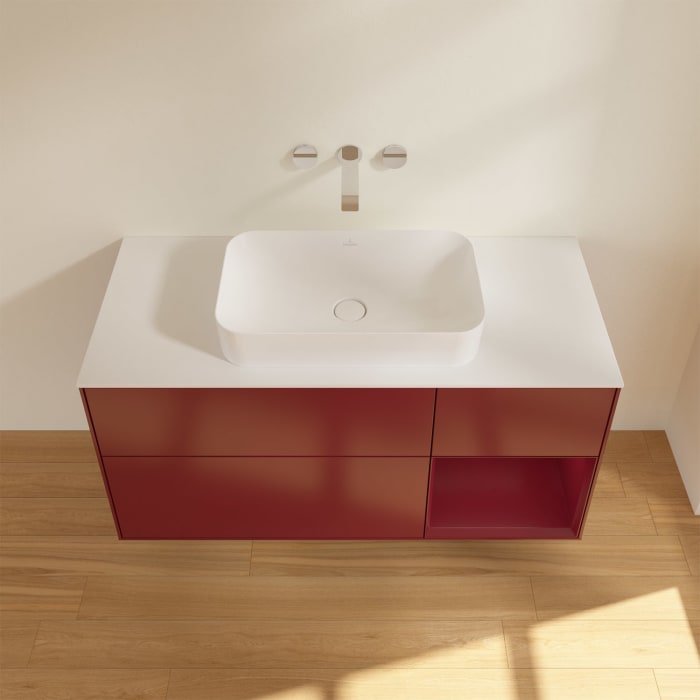 Villeroy & Boch Finion Waschtischunterschrank 120 cm mit Regalelement rechts und Abdeckplatte, mit Wandbeleuchtung