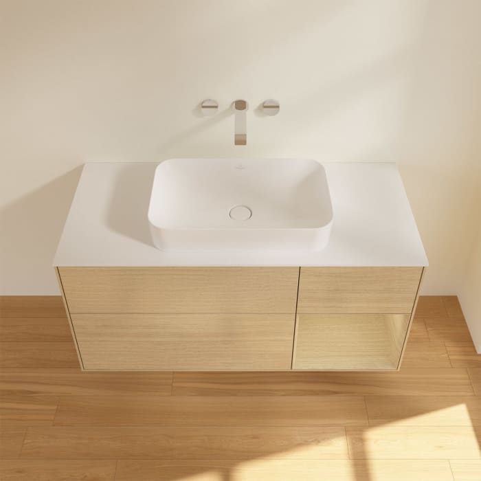 Villeroy & Boch Finion Waschtischunterschrank 120 cm mit Regalelement rechts und Abdeckplatte, mit Wandbeleuchtung