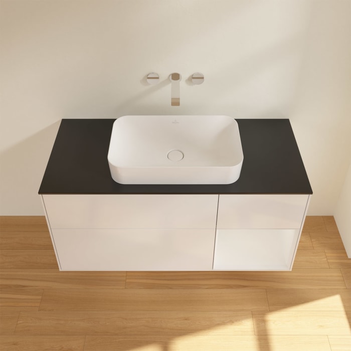 Villeroy & Boch Finion Waschtischunterschrank 120 cm mit Regalelement rechts und Abdeckplatte, mit Wandbeleuchtung