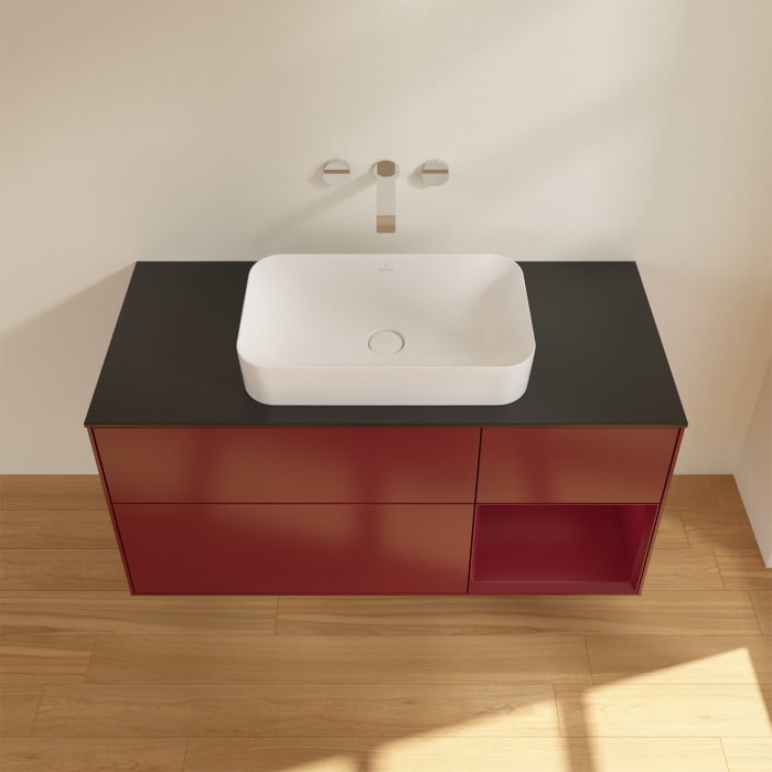 Villeroy & Boch Finion Waschtischunterschrank 120 cm mit Regalelement rechts und Abdeckplatte, mit Wandbeleuchtung